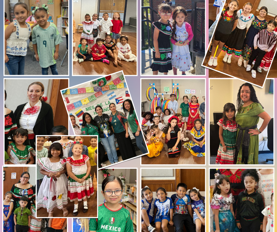 Photo collage: children and adults wearing traditional outfits from Latin American countries.