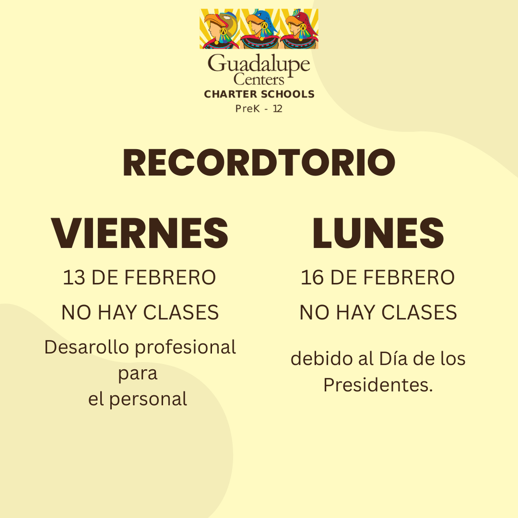 Graphic with text reading ‘No School on February 13 and 16