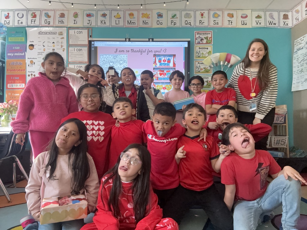 Second grade group celebrating the Friendship Party dressed in pink and red