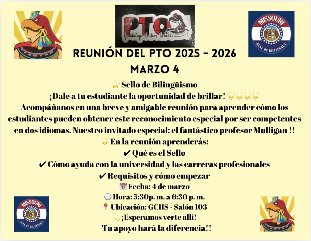 PTO flyer with meeting information in Spanish