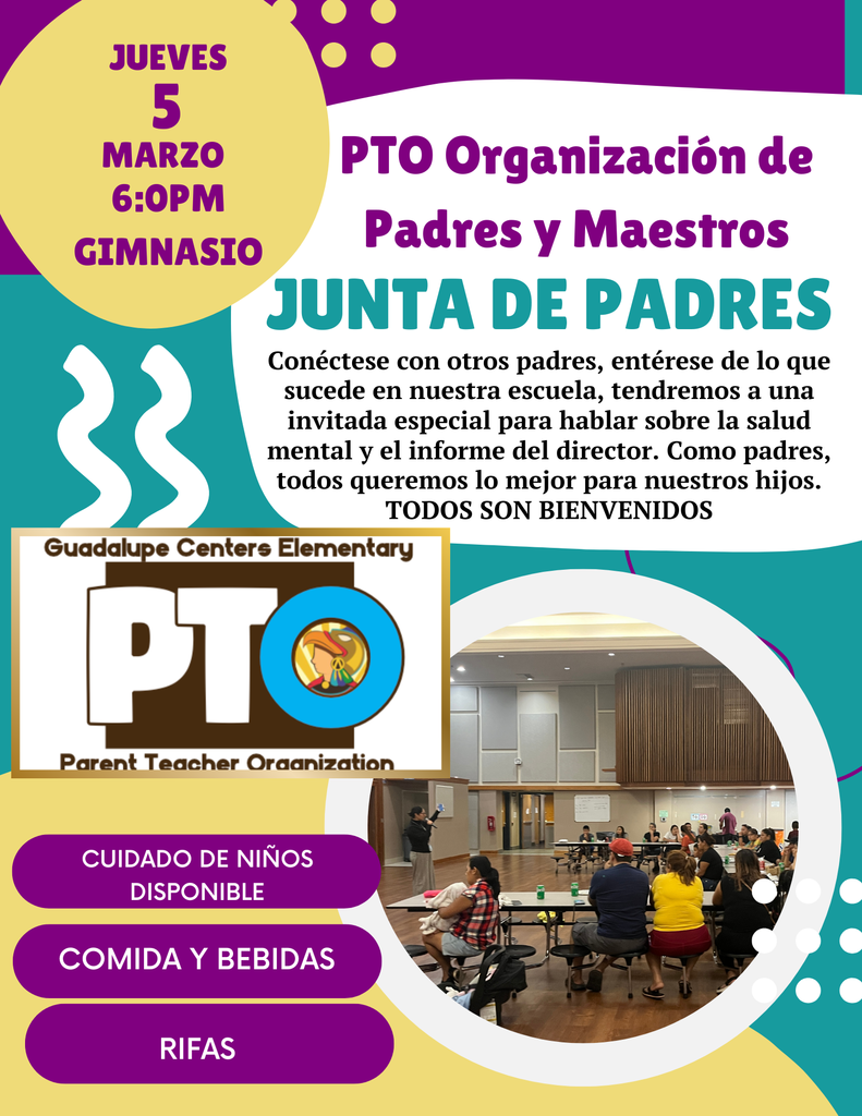 PTO meeting flyer for march 5, in spanish
