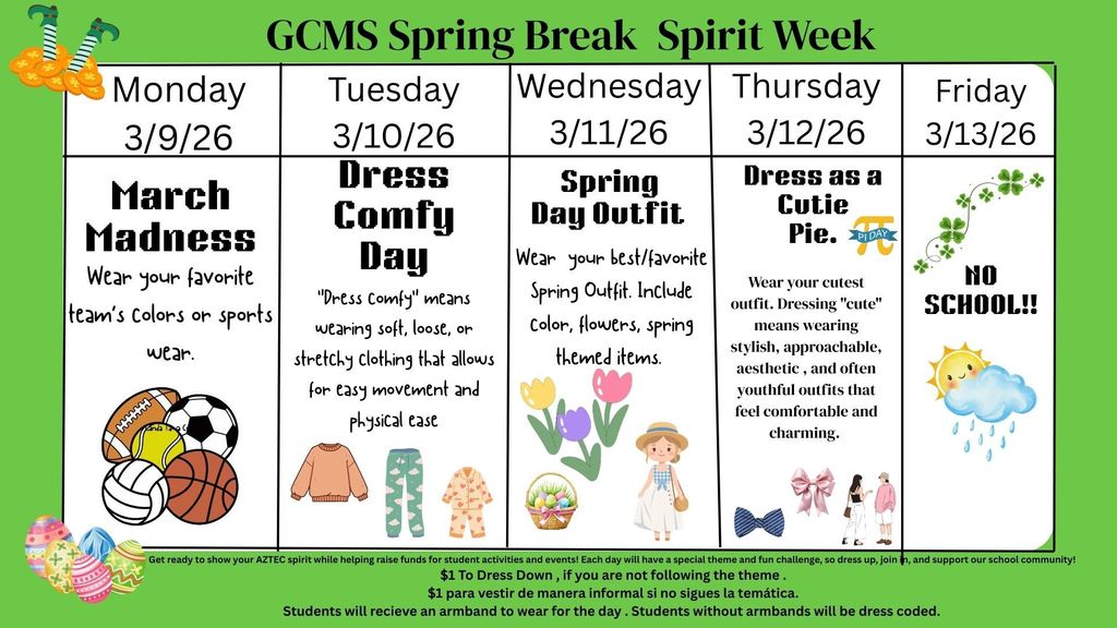 Spring Break Spirit week flyer