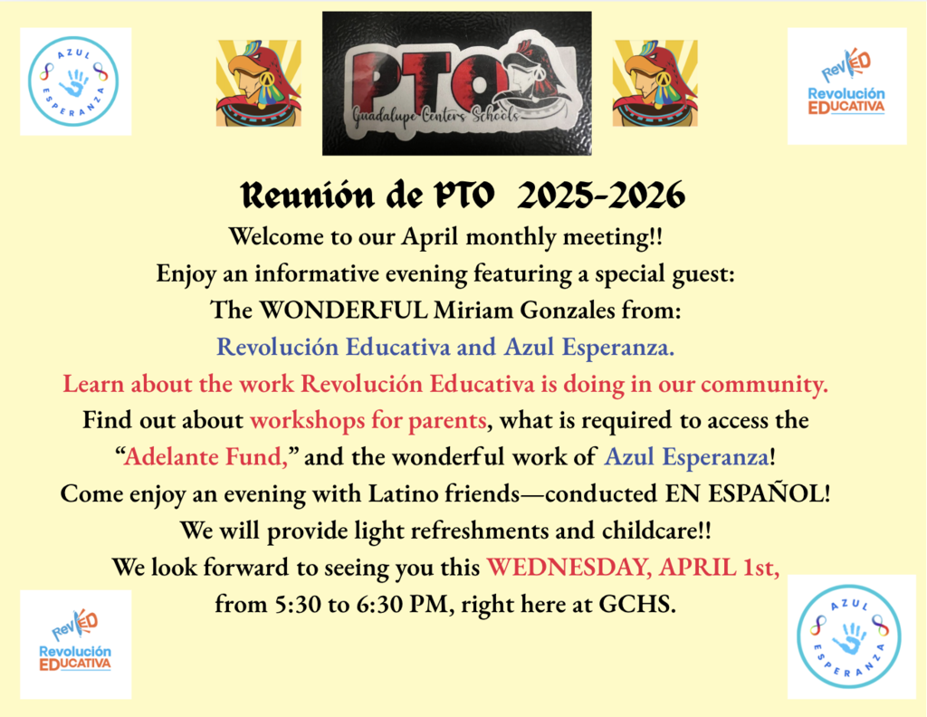 PTO flyer information for upcoming meeting in English 