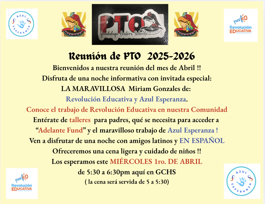 PTO flyer information for upcoming meeting in Spanish