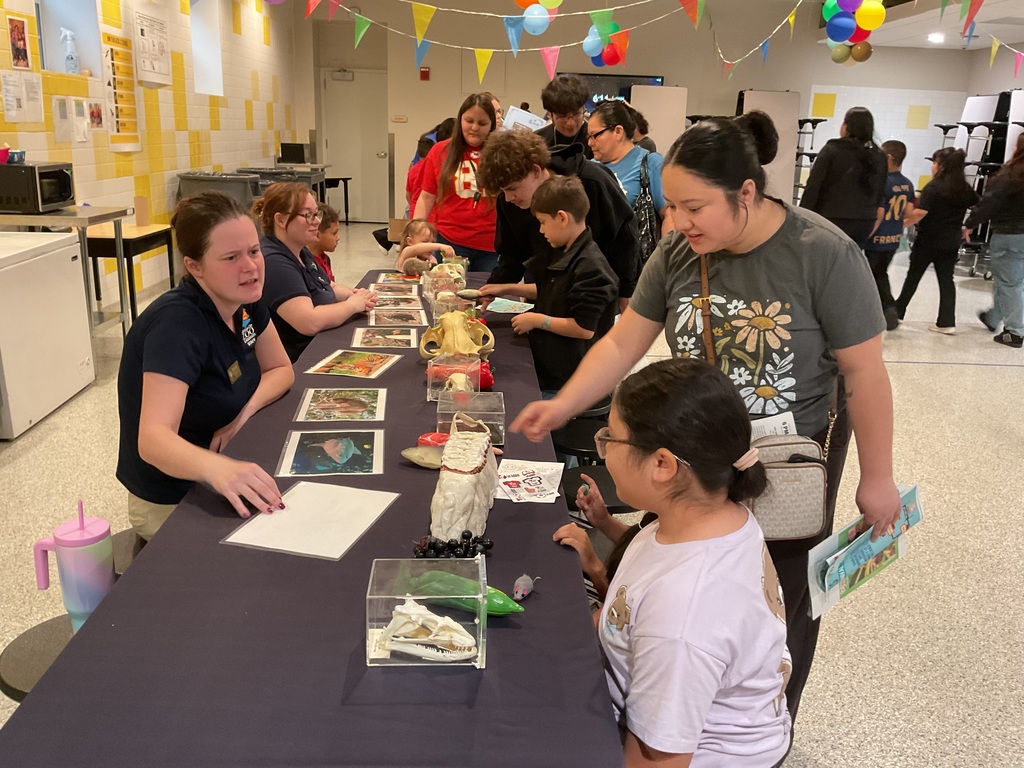 student looking at science objects in the KC Zoo table