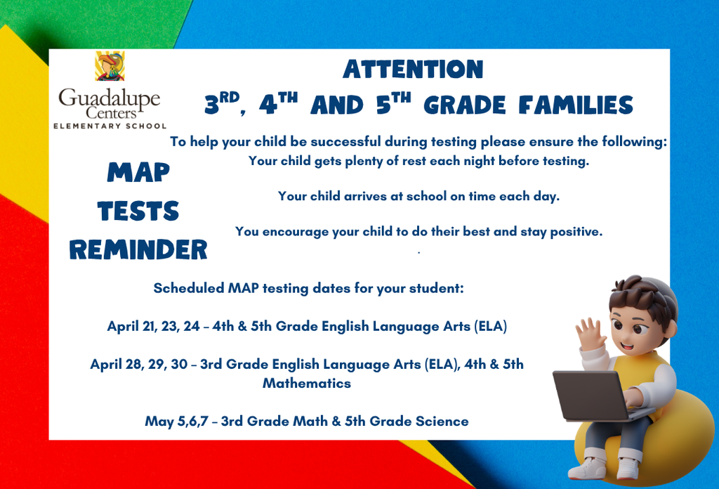 Flyer with reminder and tips to families about MAP testing