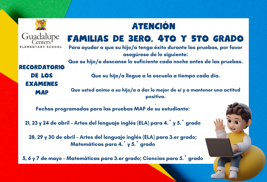 Flyer with reminder and tips to families about MAP testing in Spanish.