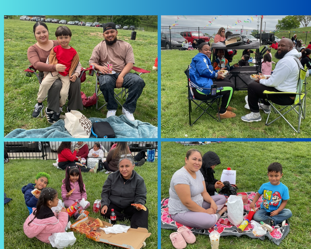 A collage featuring different images of families during a picnic day, with moms and children spending quality time together and enjoying a fun-filled da
