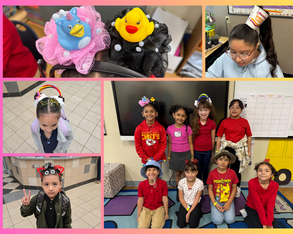 Collages from Spirit Week at a school featuring children and their crazy hairstyles.