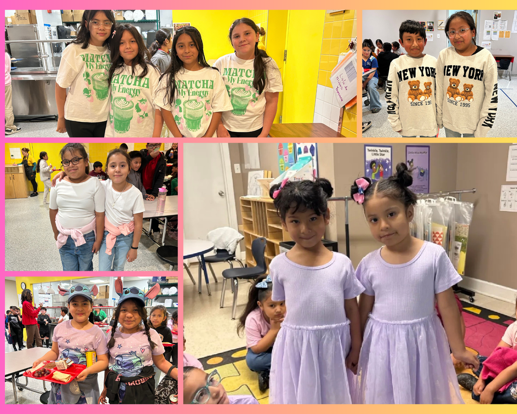 A collage of different photos featuring children in pairs celebrating Spirit Week on Twin Day