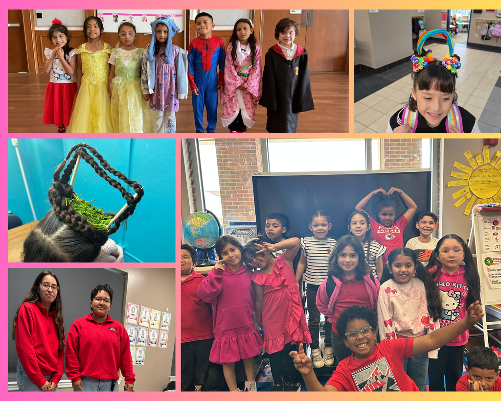A collage of photos with 4 pictures of children. The first one shows kids wearing outfits of their favorite characters and crazy hairstyles.
