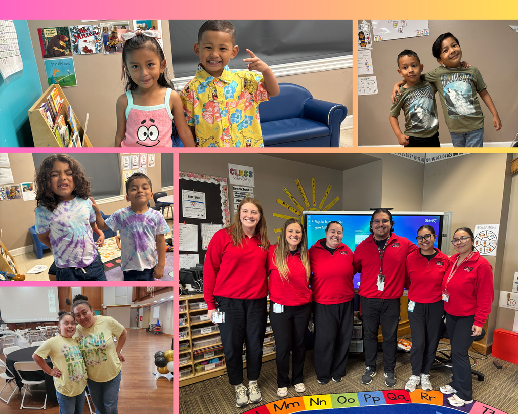 A collage of different photos featuring children in pairs celebrating Spirit Week on Twin Day