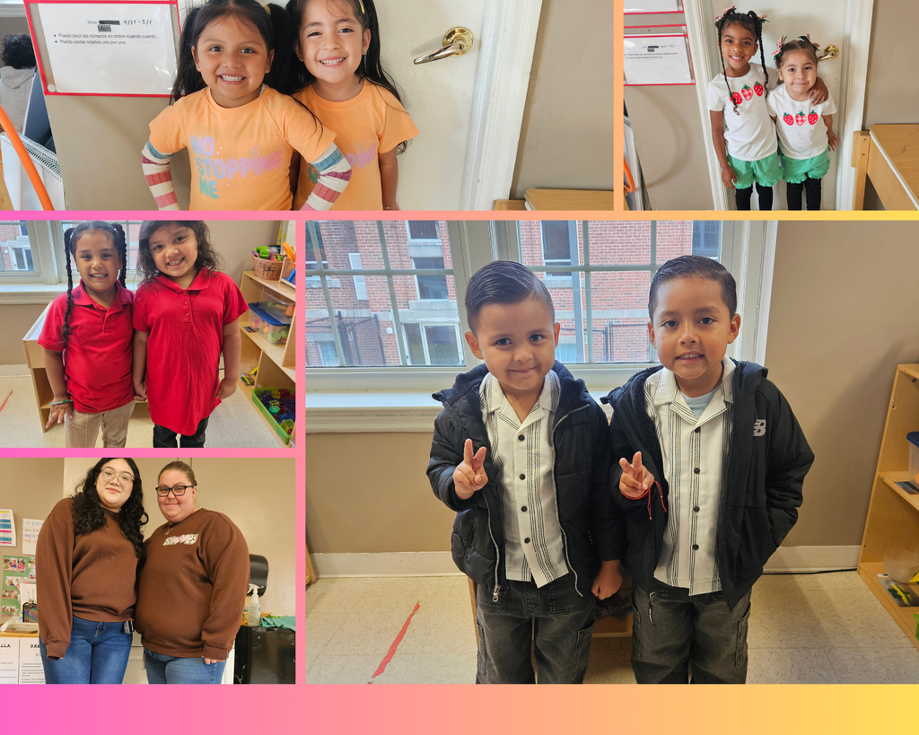 A collage of different photos featuring children in pairs celebrating Spirit Week on Twin Day