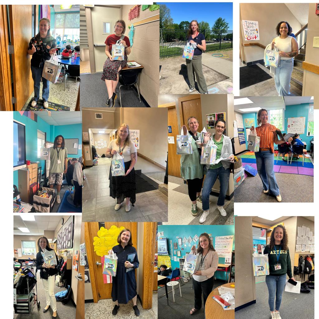 Collage of photos of male and female teachers from different grade levels at a school. They are holding in their hands a gift presented to them by the Parent-Teacher Organization in appreciation of their hard work and dedication.