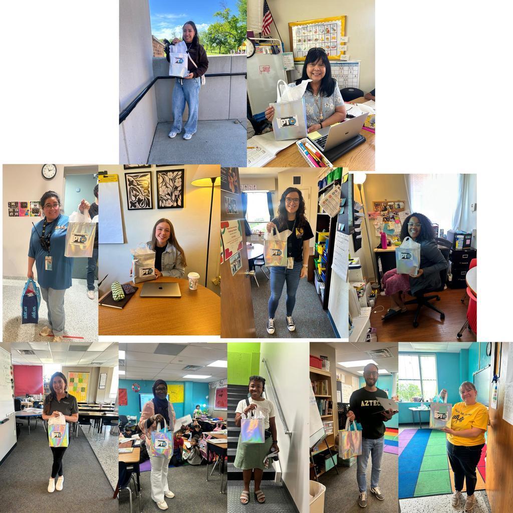Collage of photos of male and female teachers from different grade levels at a school. They are holding in their hands a gift presented to them by the Parent-Teacher Organization in appreciation of their hard work and dedication.