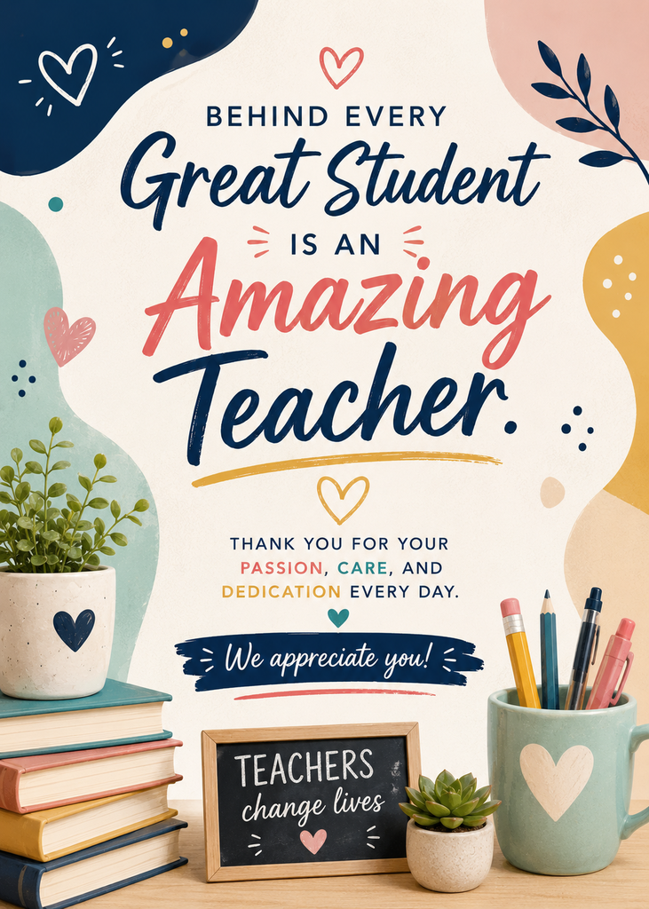 Flyer with images of books, pencils, and a heartfelt message to celebrate teachers during Teacher Appreciation Week.