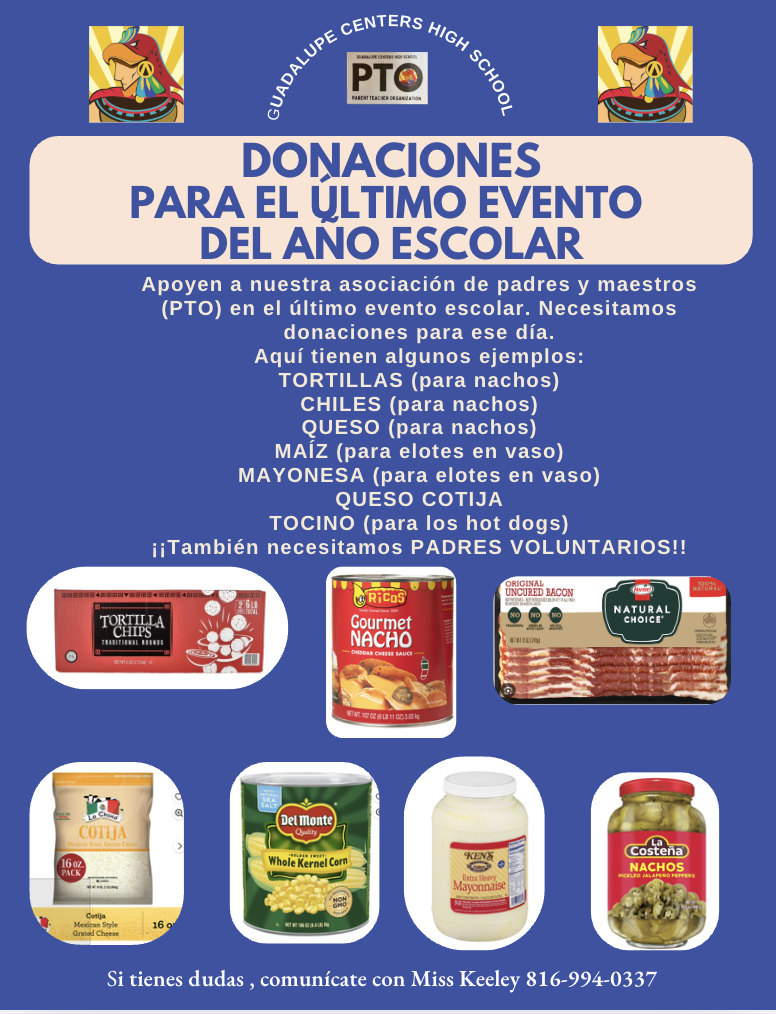 Donaciones para el PTO para el último evento del año escolar Mayo 22