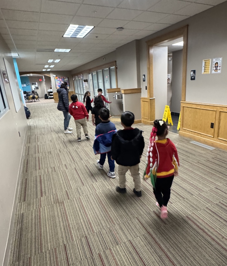Pre K students walking in a line in the hallwahy