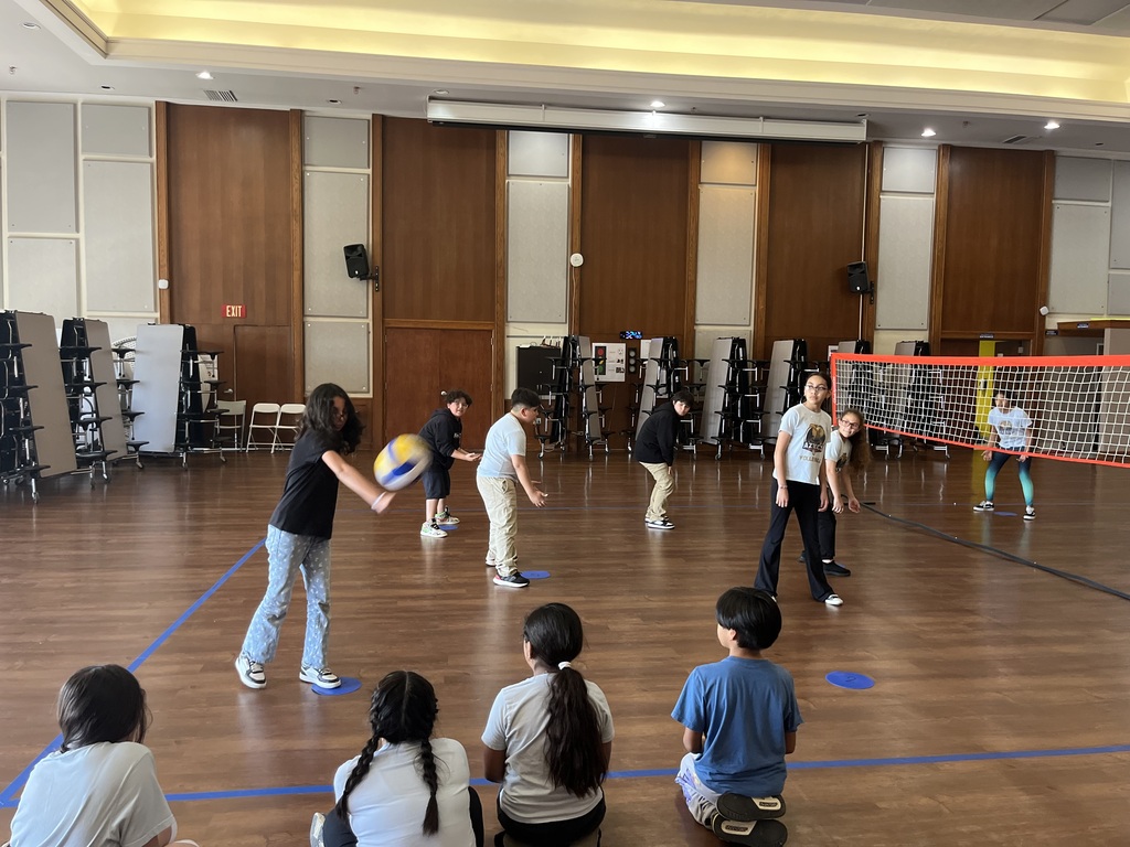 Students playing volleyball, one is responding.