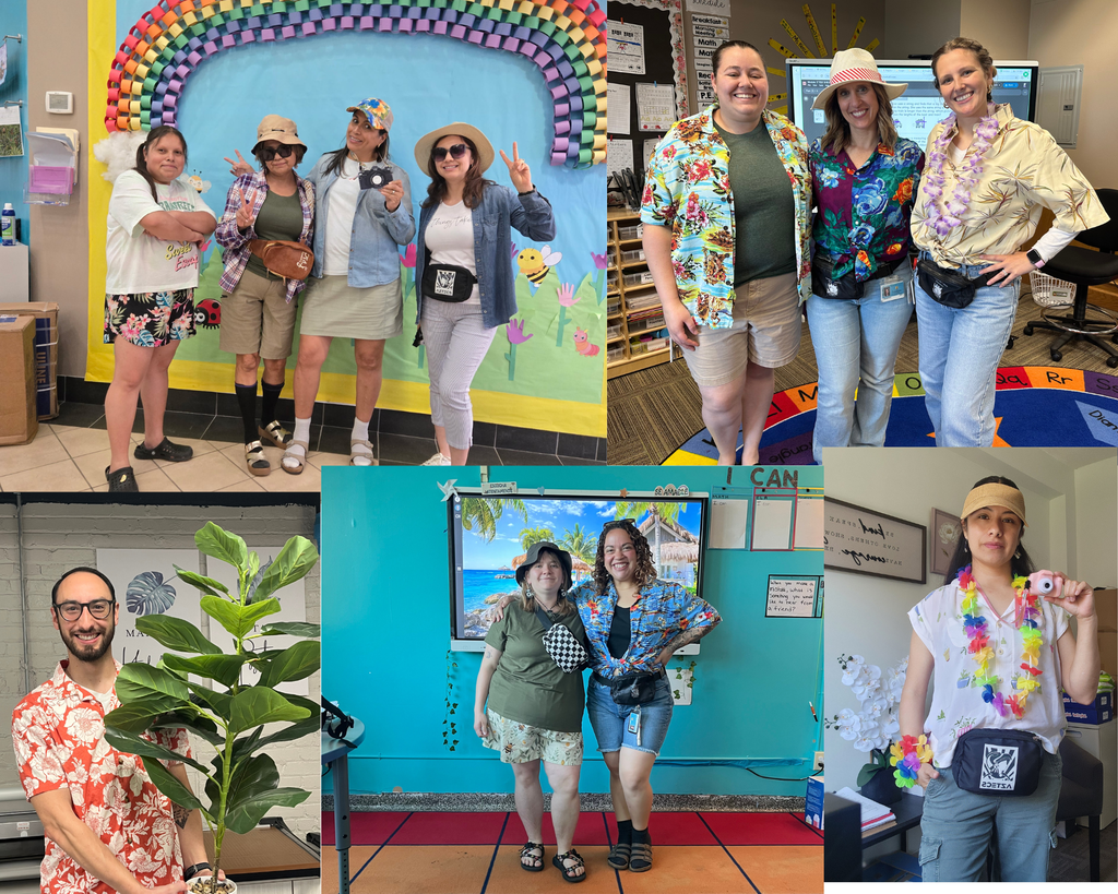 staff and teachers are dressed as tourists celebrating Spirit Week.