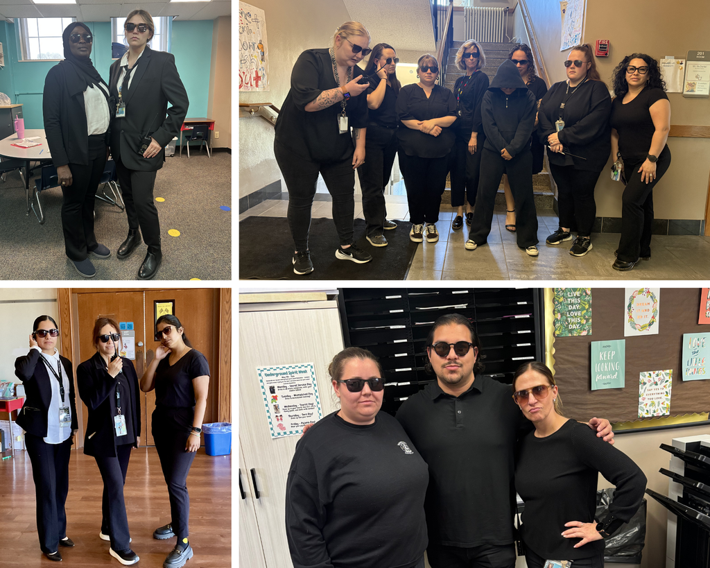 Collage of 4 photographs of school staff dressed as spies, wearing dark sunglasses and black.