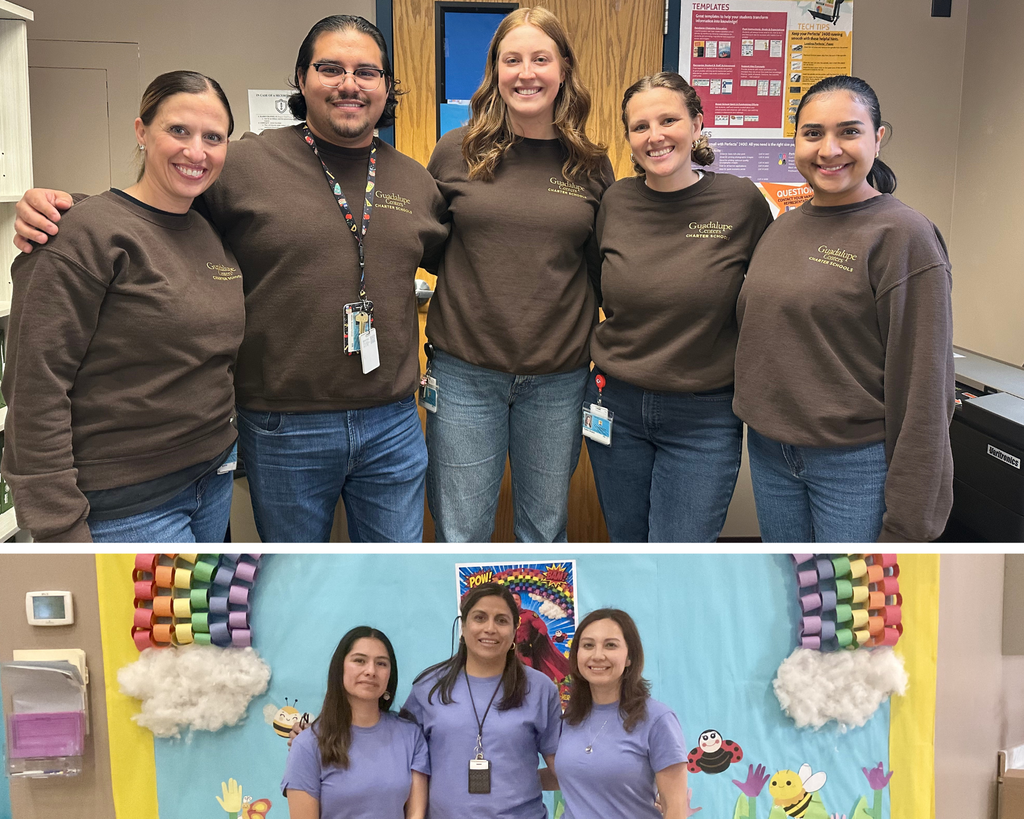 Two different photos: the first shows a group of teachers wearing the same sweatshirt. The photo below shows three women wearing the same T-shirt. At the school, they are celebrating an Underground Spirit Week, and it was Twin Day.