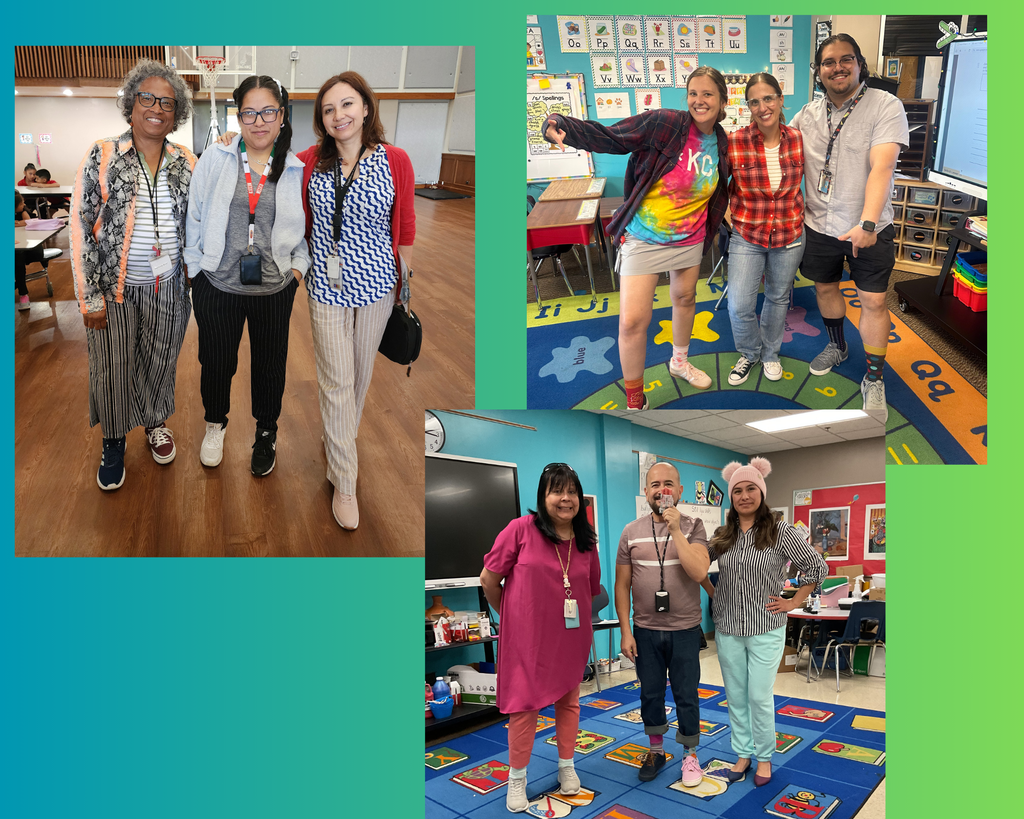 Collage of 3 photos. In them, teachers and school staff are wearing mismatched clothing and shoes. They are celebrating Spirit Week, specifically “No Matching Day.”