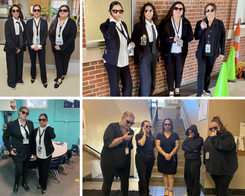 Collage of 4 photographs of school staff dressed as spies, wearing dark sunglasses and black.