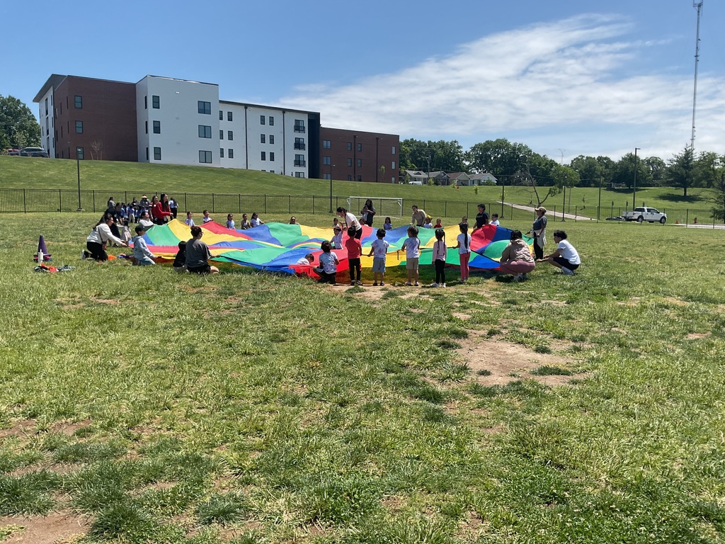 A group of kids in the grass with a big parachute