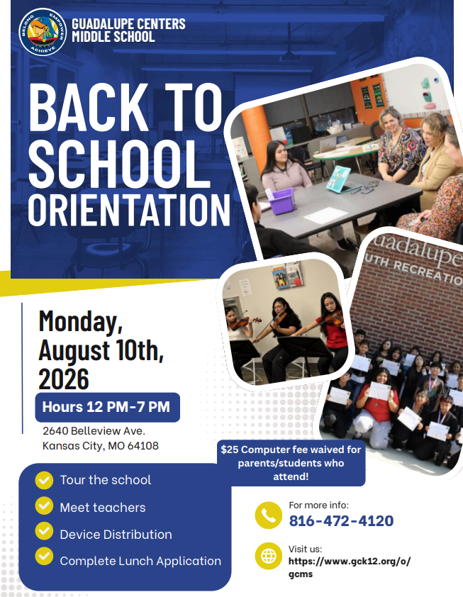 Back to school night flyer for Guadalupe Centers Middle School