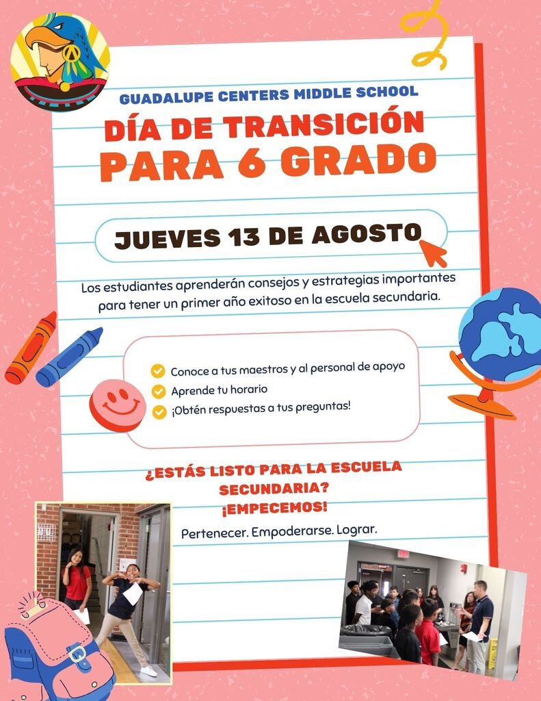 flyer about 6th grade transition day for guadalupe centers middle school in spanish