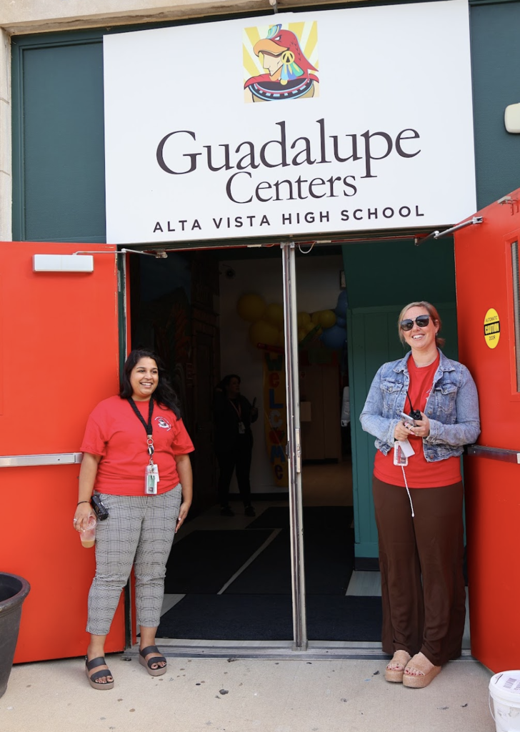 entrance of the highschool  with assistant principals