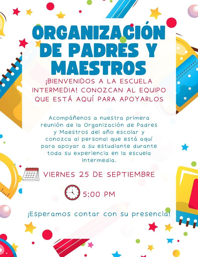 parent teacher organization spanish flyer in colors blue, white, red, and yellow