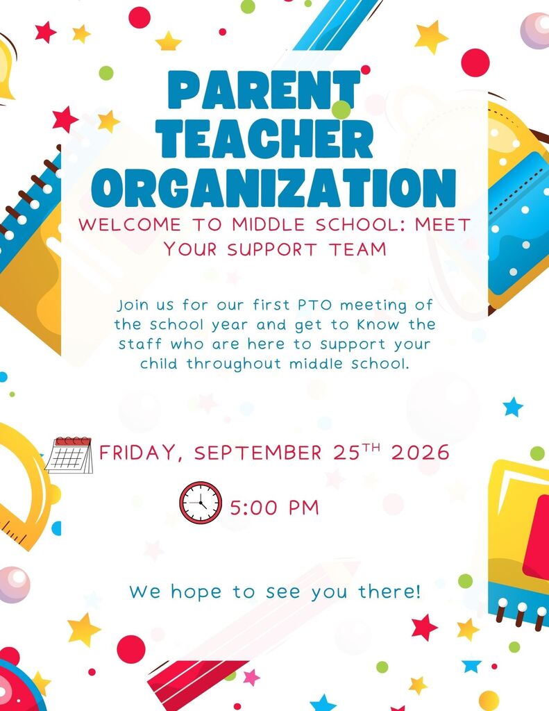 PTO flyer in blue, red letters and school supplies in the background