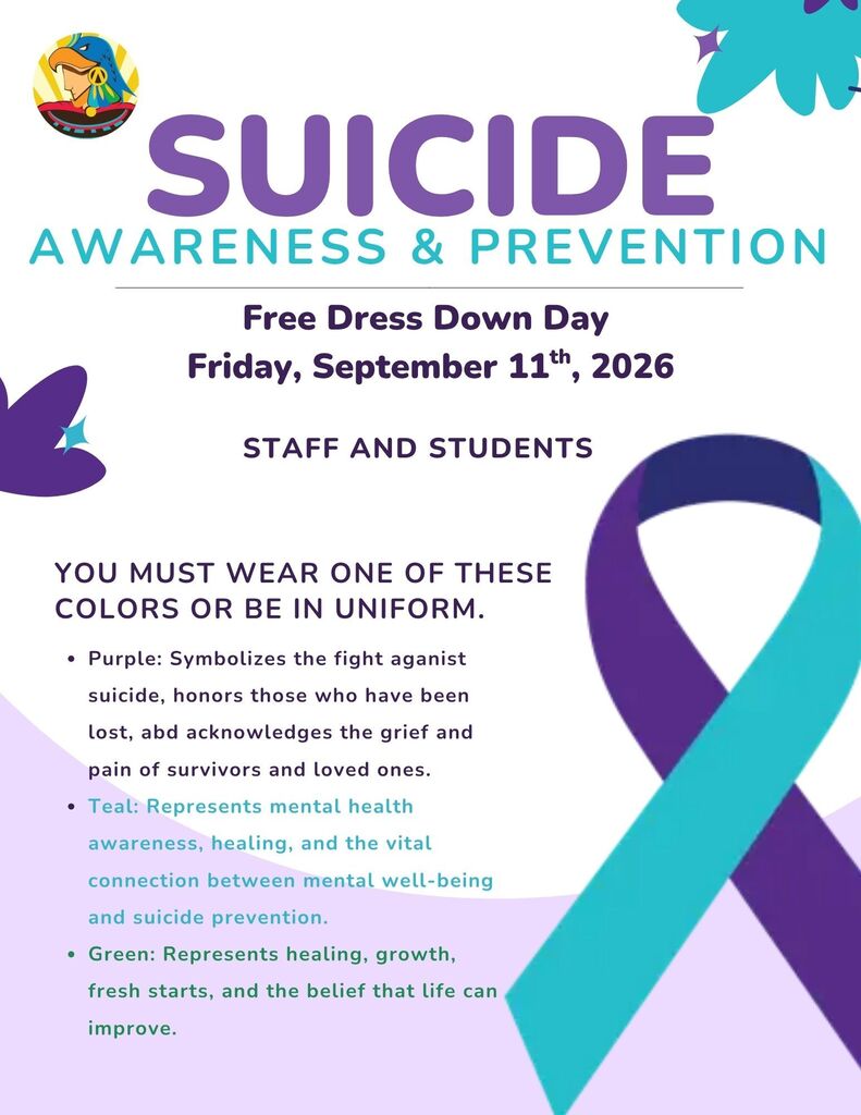 Suicide Awareness and Prevention flyer in colors teal, green, white and purple. 