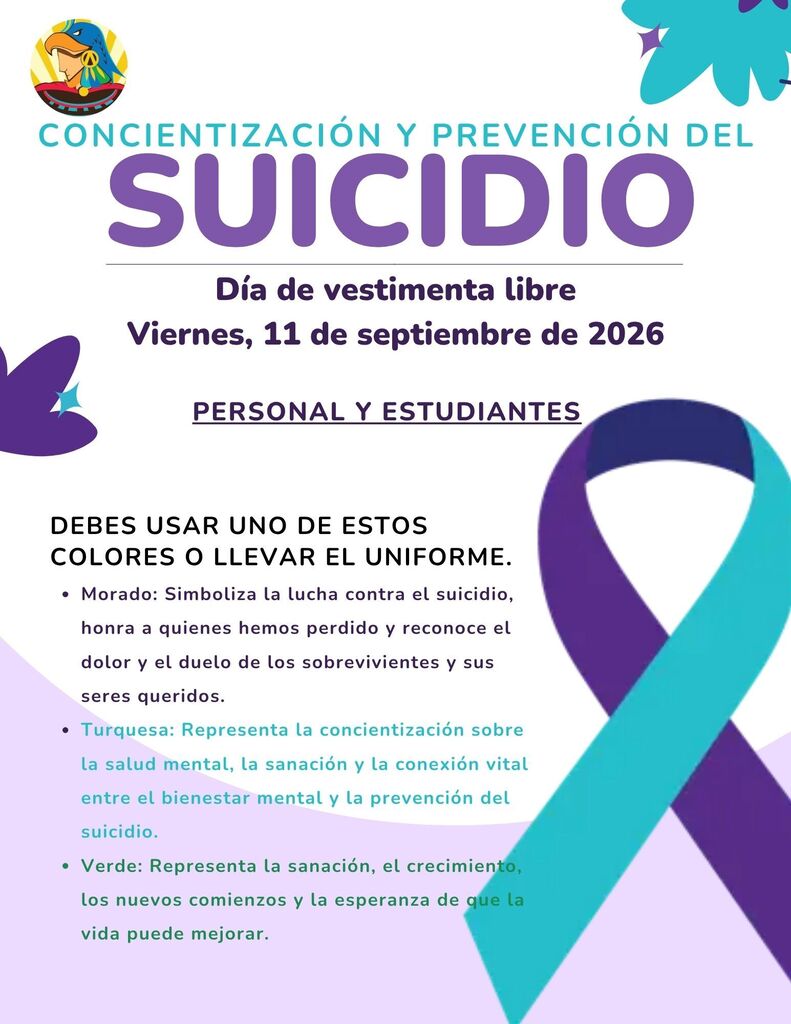 Suicide Awareness and Prevention flyer in colors teal, green, white and purple.  The flyer is in spanish. 