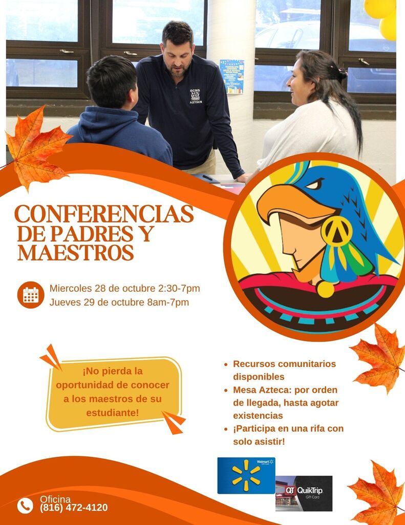 fall themed flyer to announce parent teacher conferences in spanish