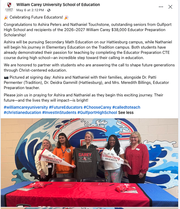 William Carey University School of Education Facebook Post Screenshot