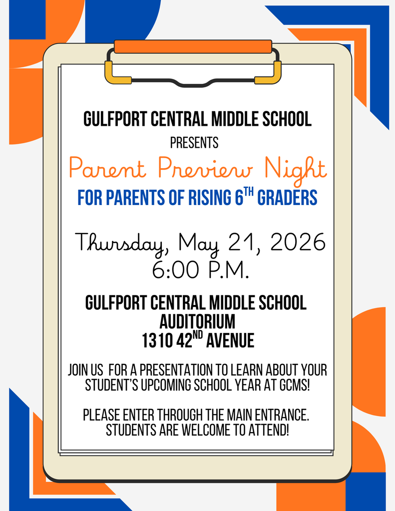 A flyer for the Gulfport Central Middle School parent preview night