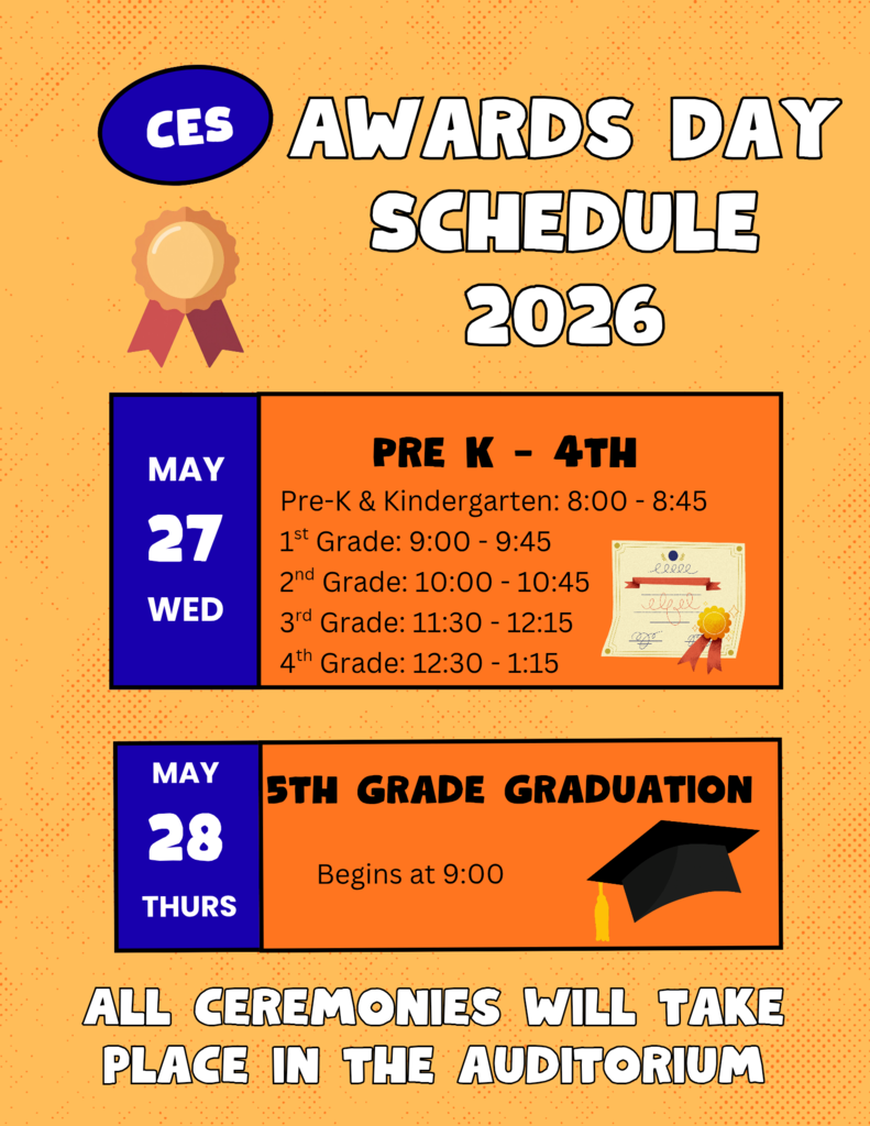 Flyer giving the dates and times for all of Central Elementary's student awards programs