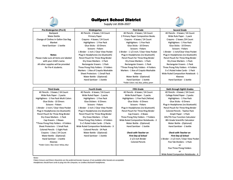GSD School Supply List for 2026-2027