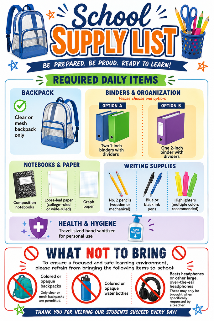 Gulfport Central Middle School 6-8 grade school supply list