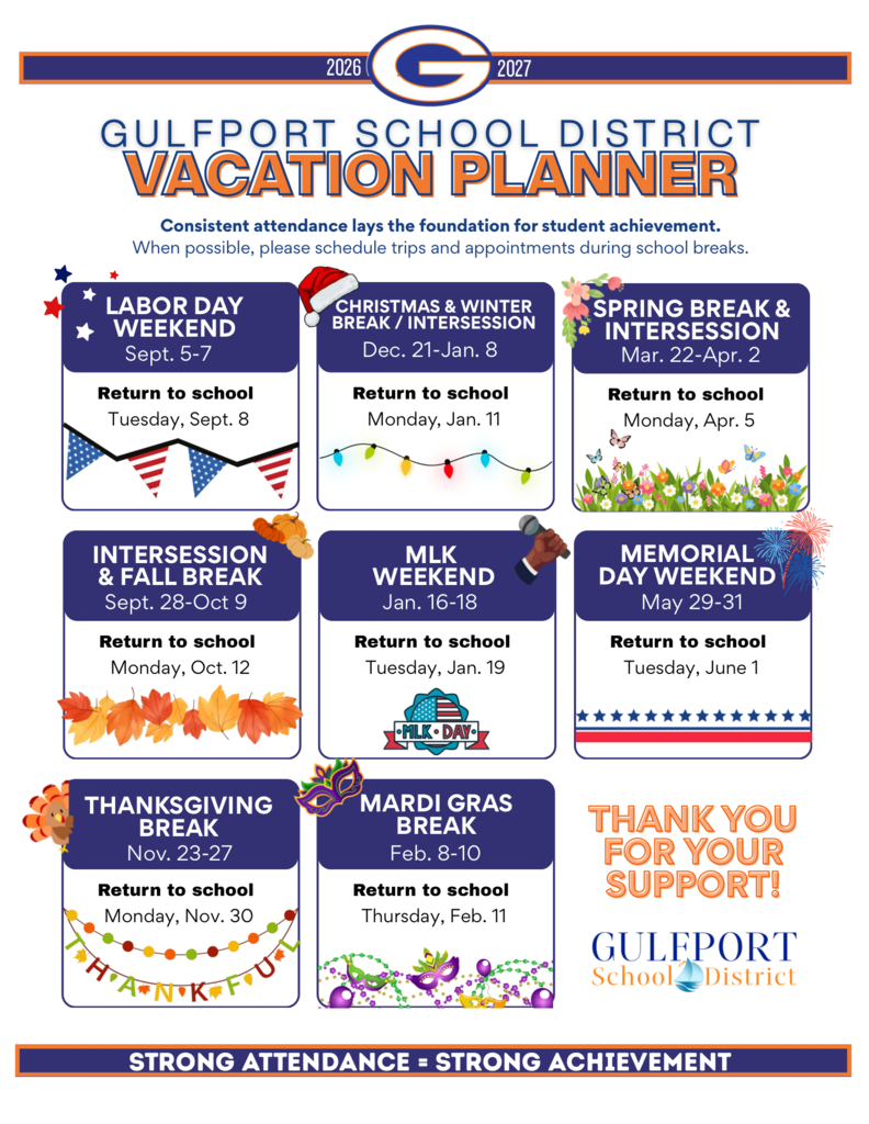 2026-2027 School Year Vacation Planner