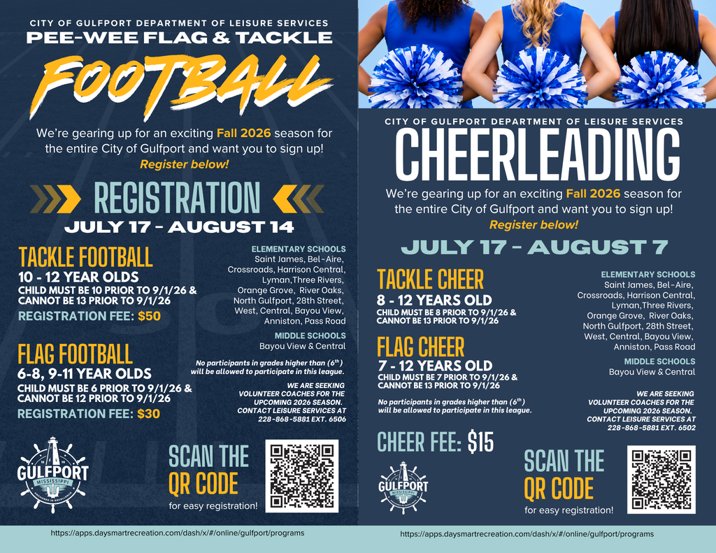 City of Gulfport Department of Leisure Services Pee-Wee Football and Cheerleading Sign Up