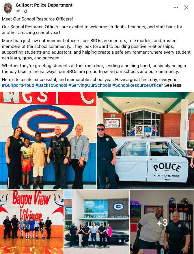 Gulfport Police Department Facebook Post of Gulfport School District SROs