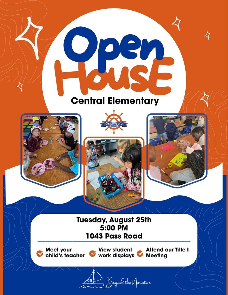 An orange and blue flyer, giving the information about Central Elementary's Open House; Tuesday, August 25th at 5:00 PM. The address is 1043 Pass Road. Parents will get to meet their child's teacher, view student work displays, attend Central's annual Title I meeting. There are also a few pictures of students engaged in learning activities.