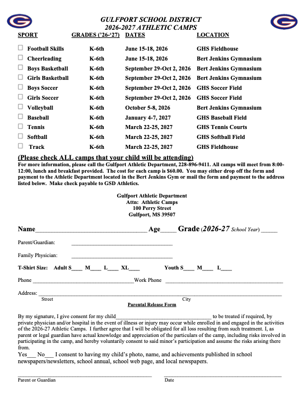 Gulfport Athletic Department Athletic Camp Flyer