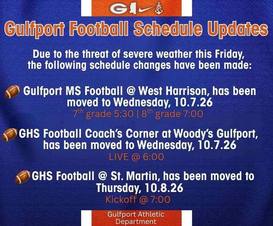 Gulfport Football Schedule Update