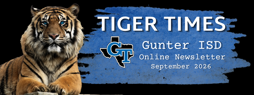 Tiger times graphic with a blue eyed tiger on a black background 