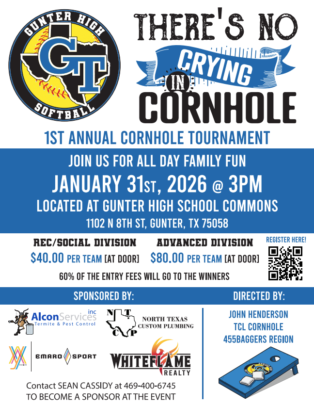 Mark your calendars! The Gunter High Softball team is hosting its 1st Annual Cornhole Tournament and invites the entire community to join the fun.  Date & Time: January 31st, 2026, starting at 3:00 PM Location: Gunter High School Commons  All proceeds will benefit the Gunter High Softball team.